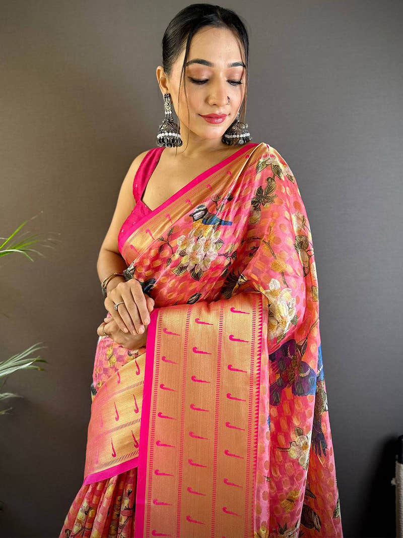 Pink Floral Paithani Kora Silk Saree