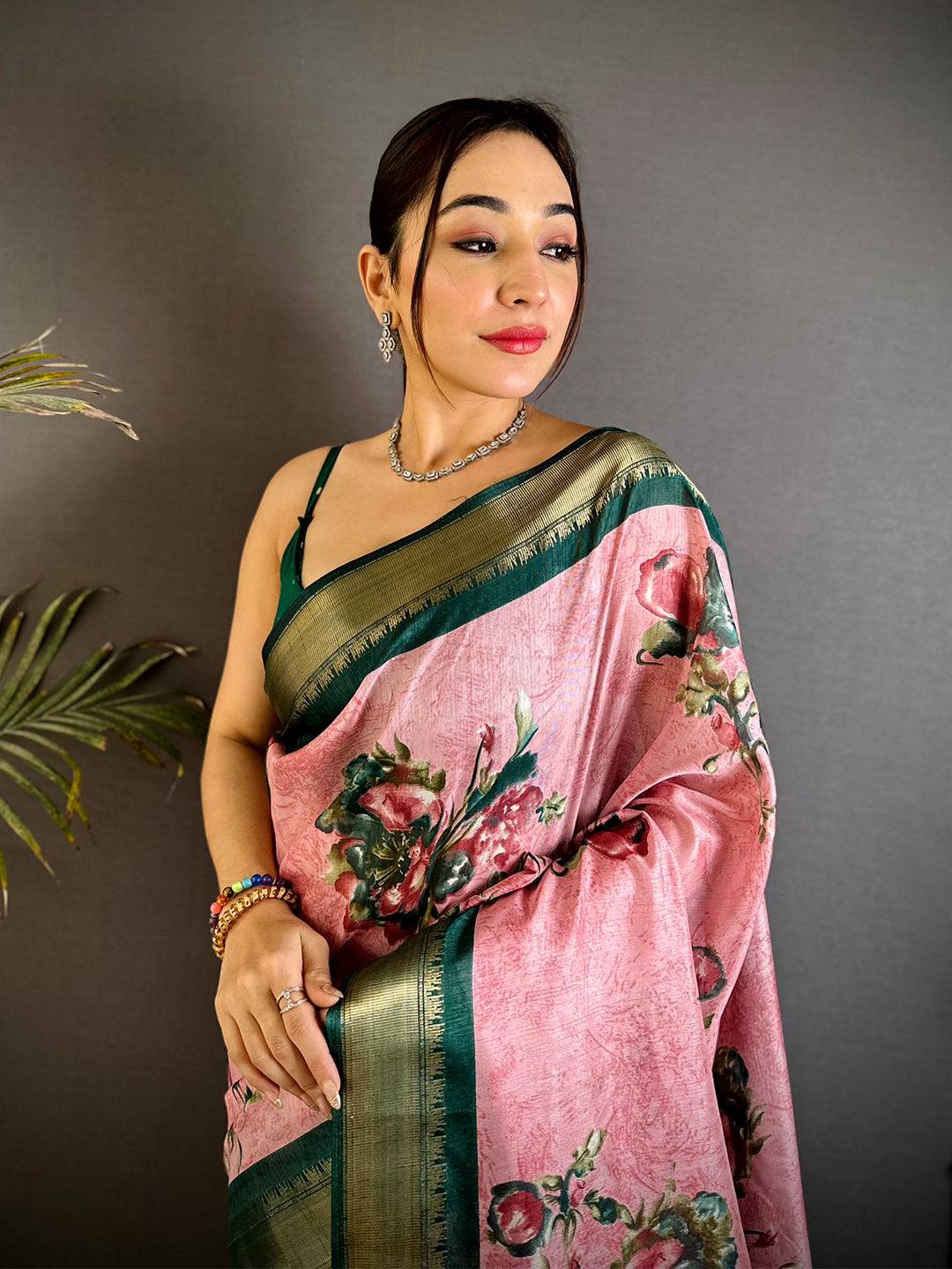 Majestic Pink Floral Dola Silk Saree