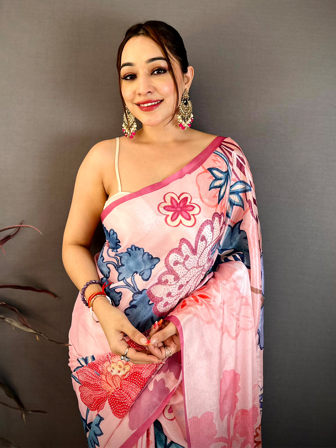 Stylish Chinnon Chiffon Floral Swarovski Saree

