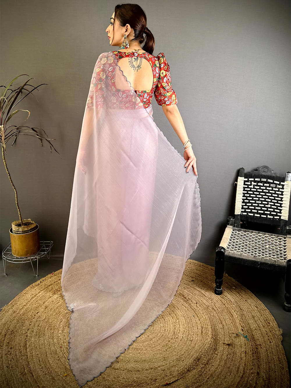 Elegant Lavender Resham Work Chiffon Saree