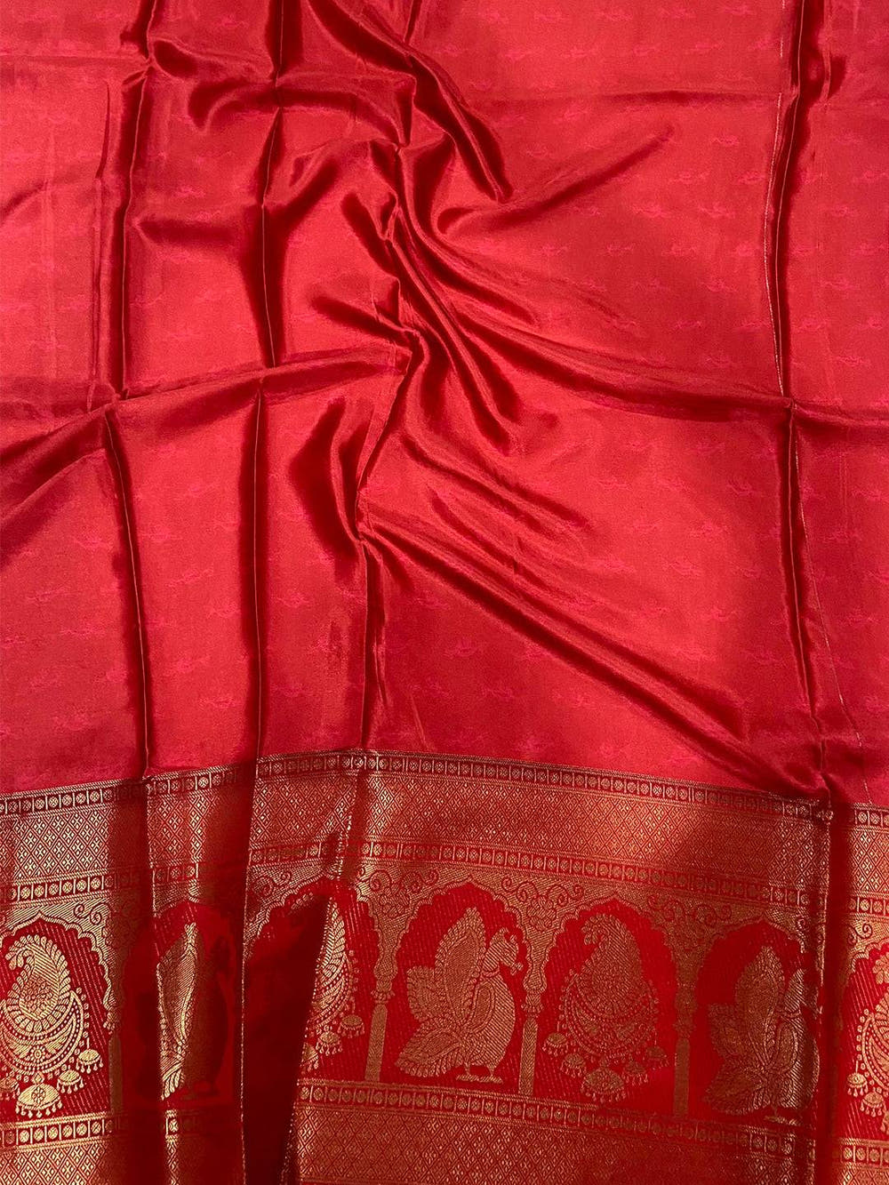 Radiance Soft Cherry Satin Kalamkari Print Saree