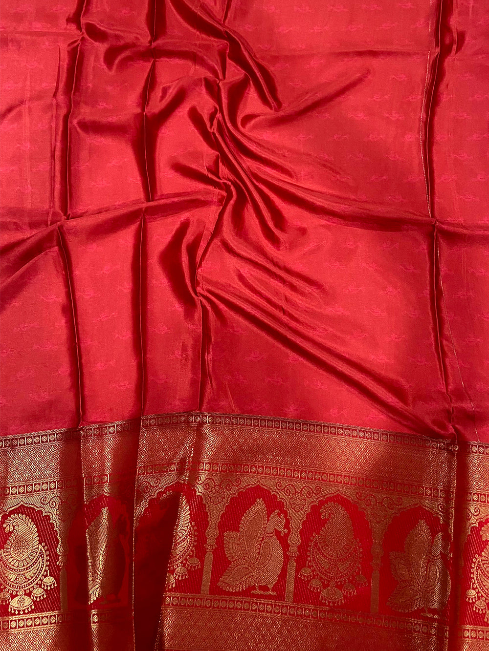 Radiance Soft Cherry Satin Kalamkari Print Saree