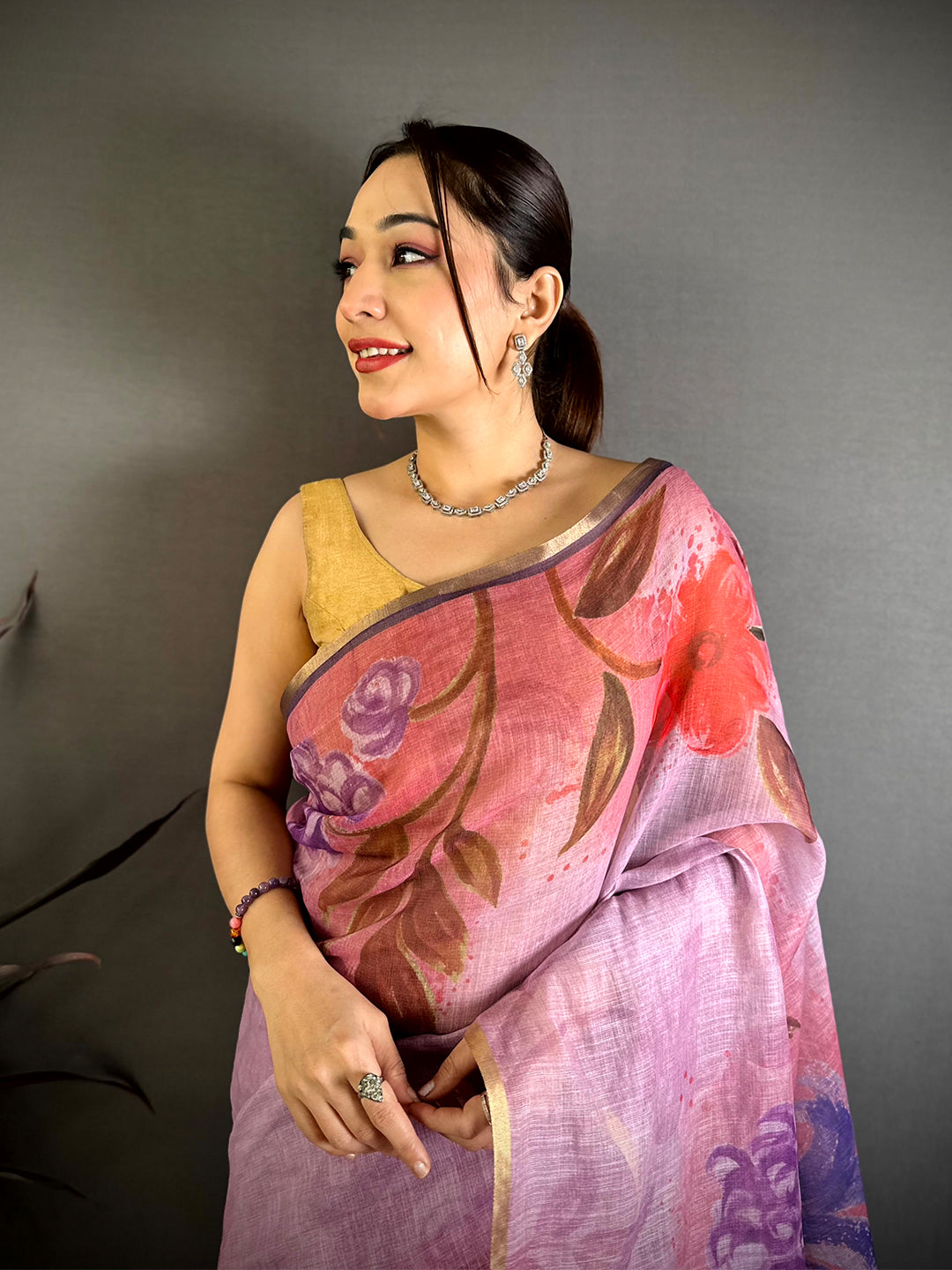 Pink Gold Zari Linen Chanderi Saree