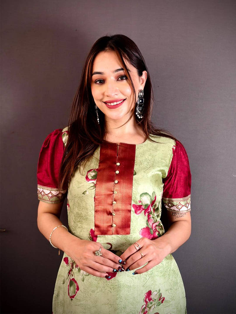 Radiant Round Neck Soft Dola Silk Kurti