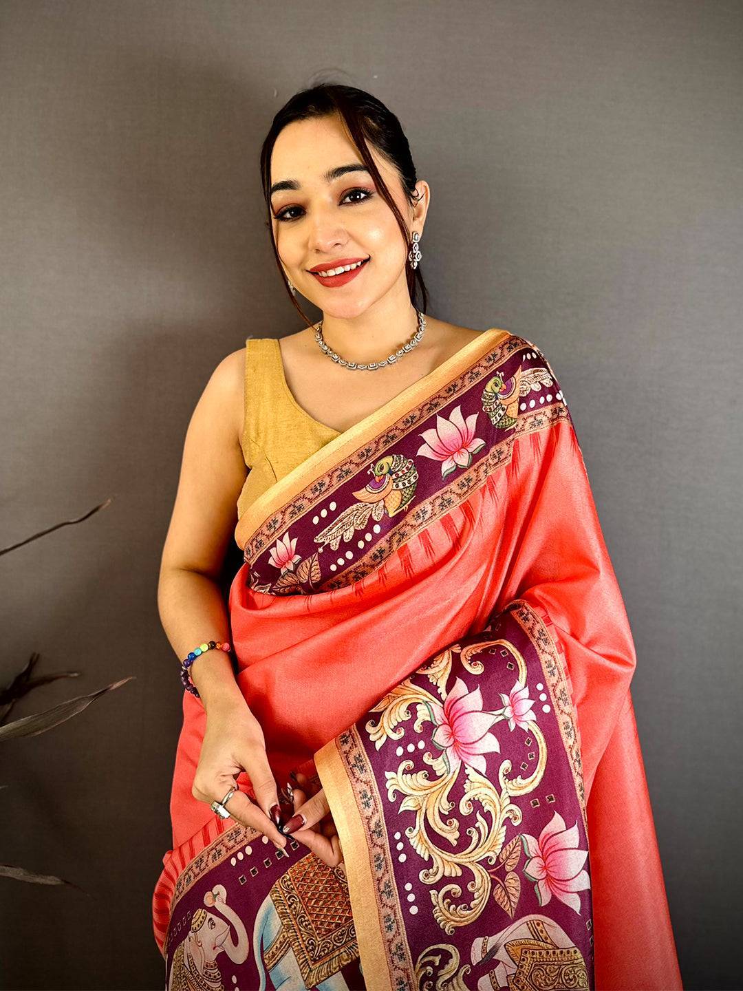 Red Tanjore Elephant Tussar Saree