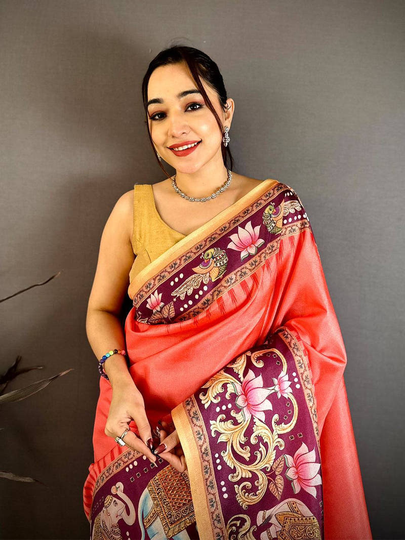 Red Tanjore Elephant Tussar Saree