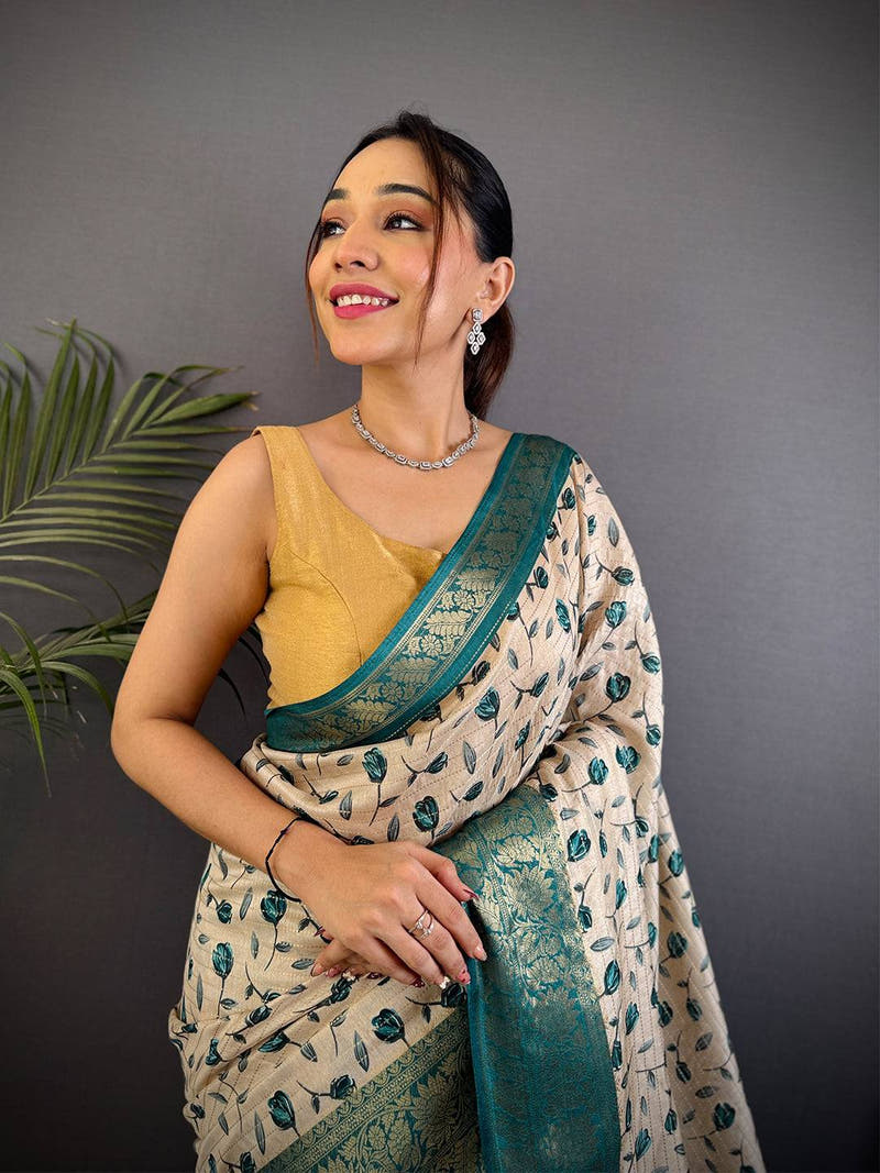 Radiant Leaf Print Soft Dola Silk Saree