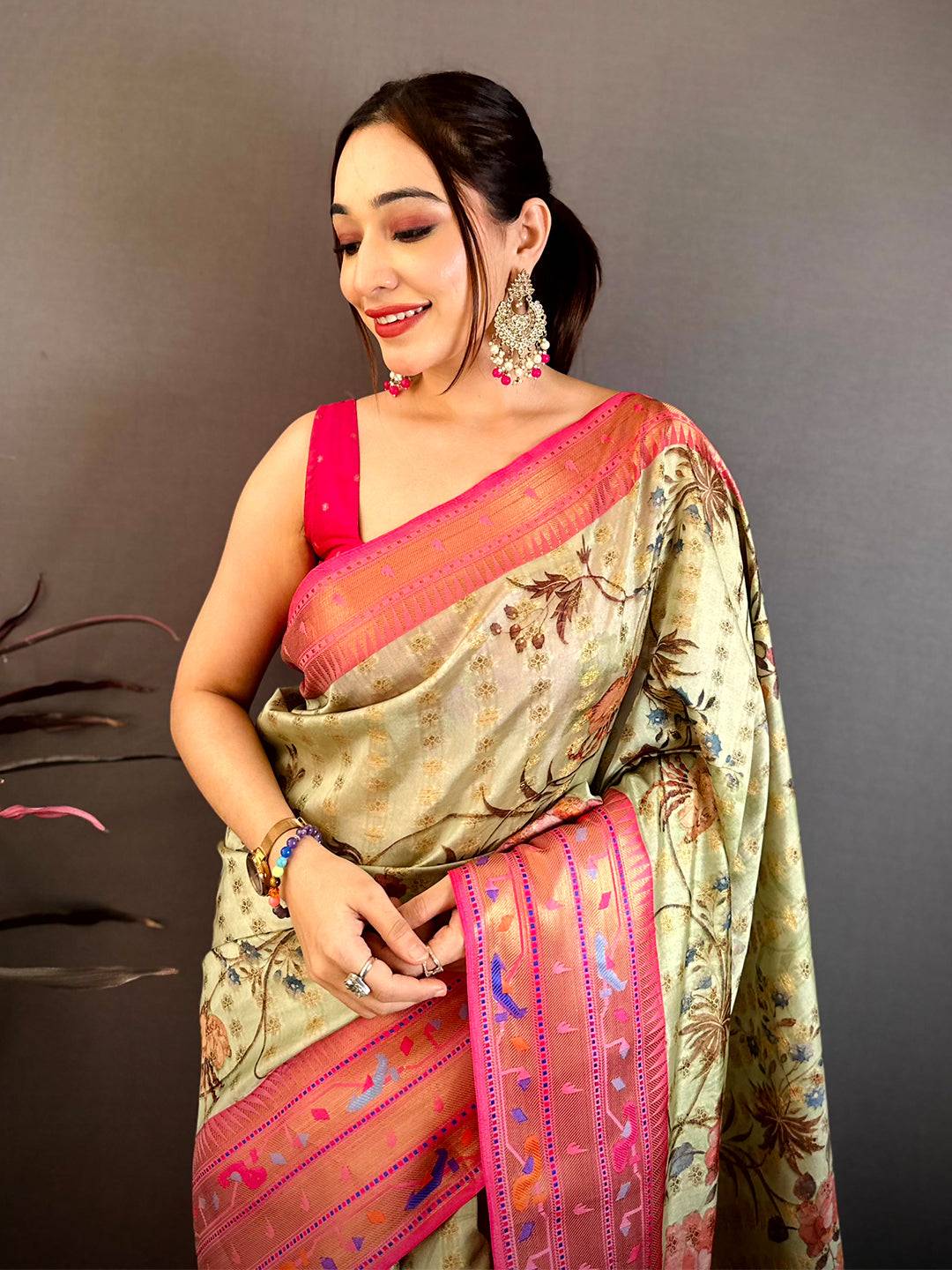 Pista Paithani Border Kora Tissue Saree
