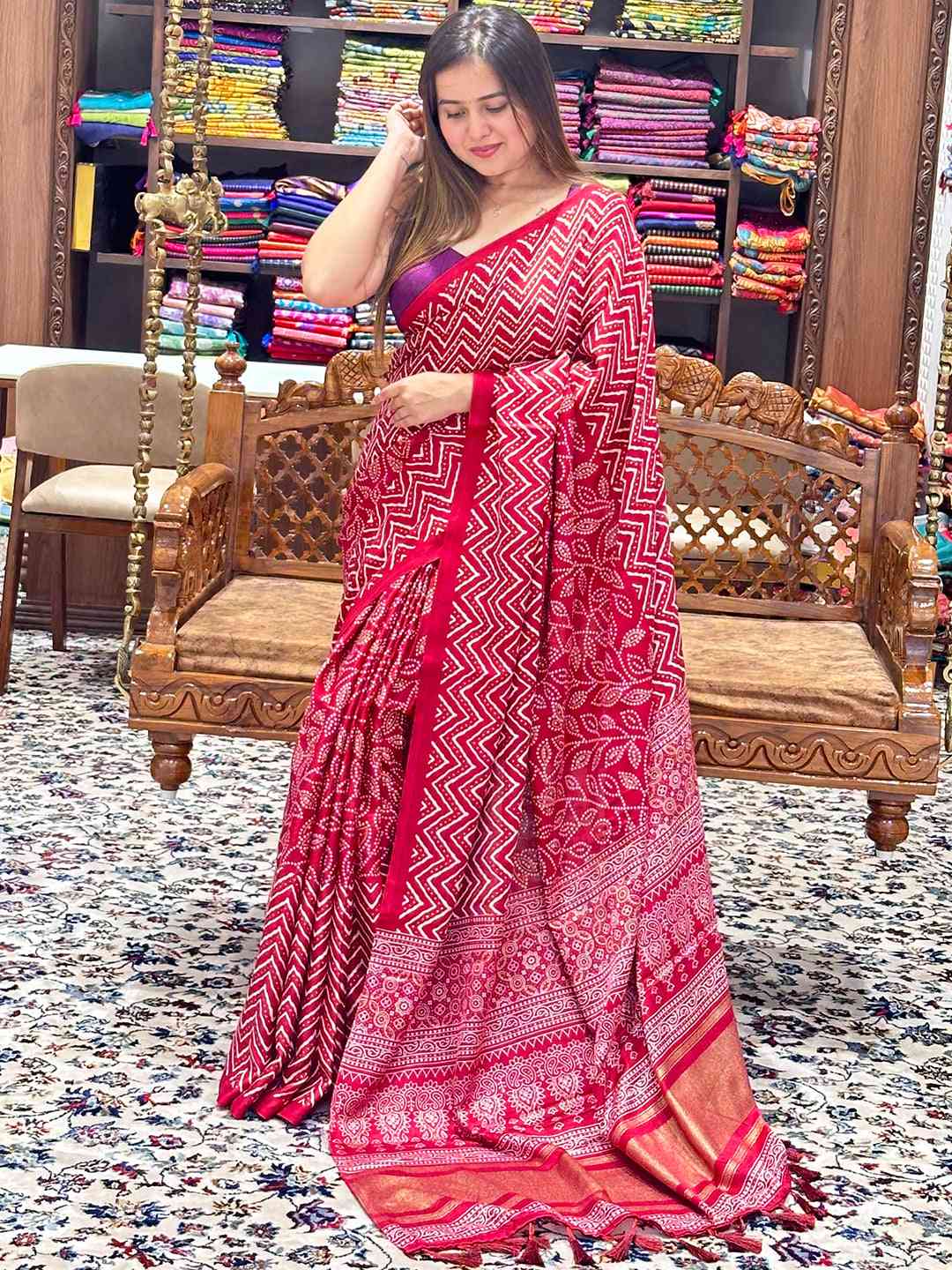 Beautiful red Manipuri silk saree showcasing foil print