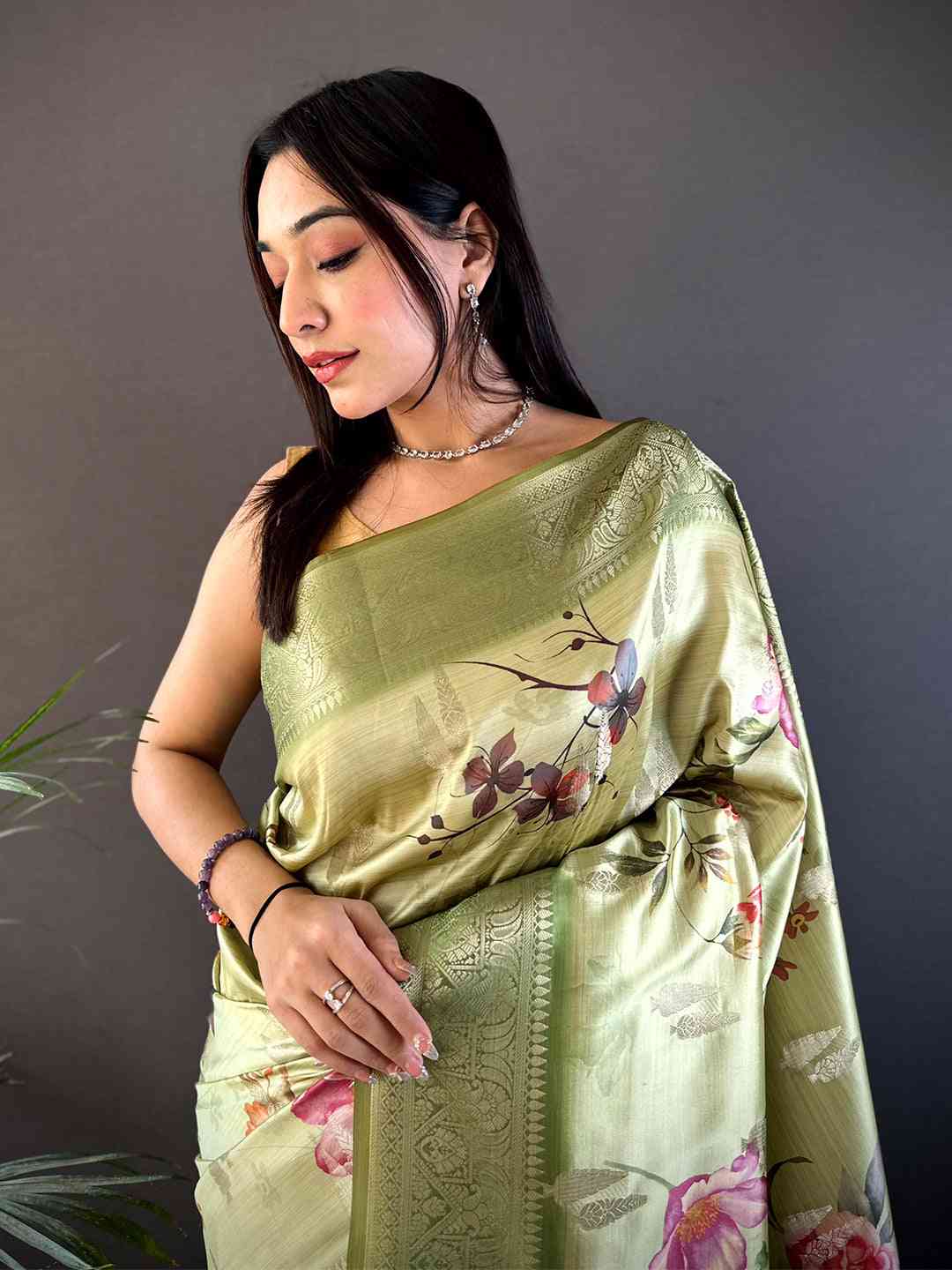 Olive Bamboo Silk Floral Saree