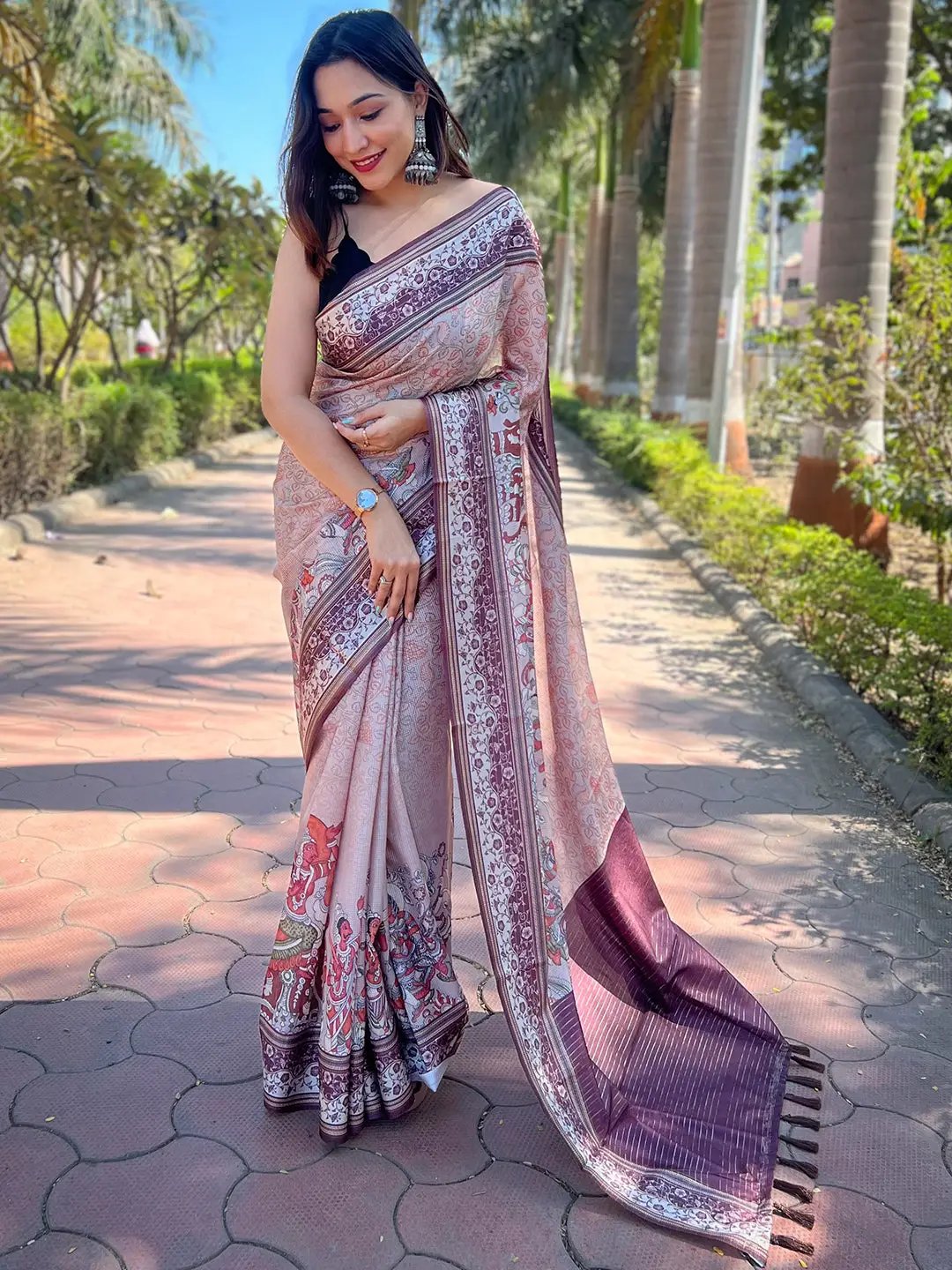  Muvel Colour Satin Kota Doria Saree with Kalamkari Print