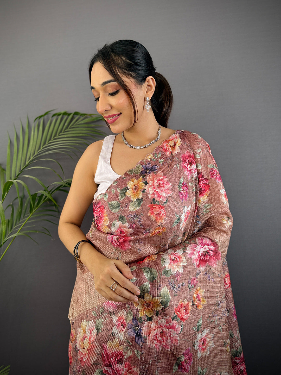 Light Brown Kota Doriya Floral Cut Work Saree