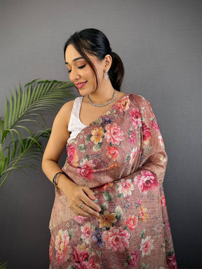 Light Brown Kota Doriya Floral Cut Work Saree