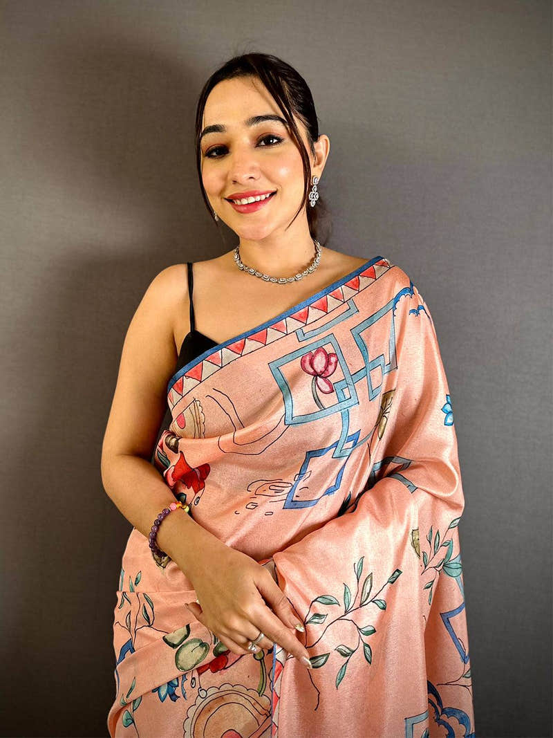 Peach Semi Tussar Striped Pallu Saree