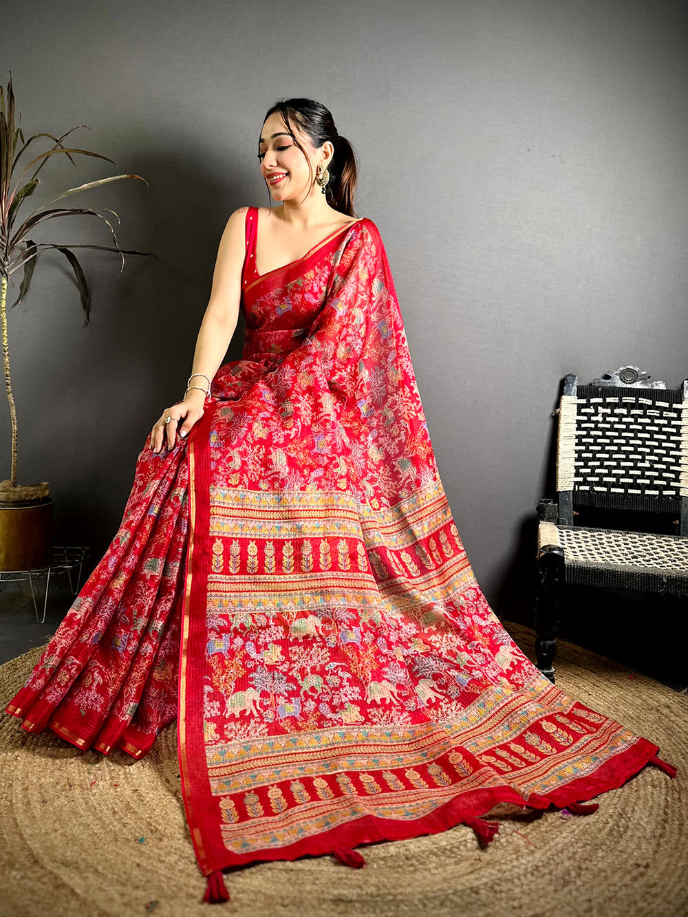 Red Kota Doriya Kalamkari Print Saree