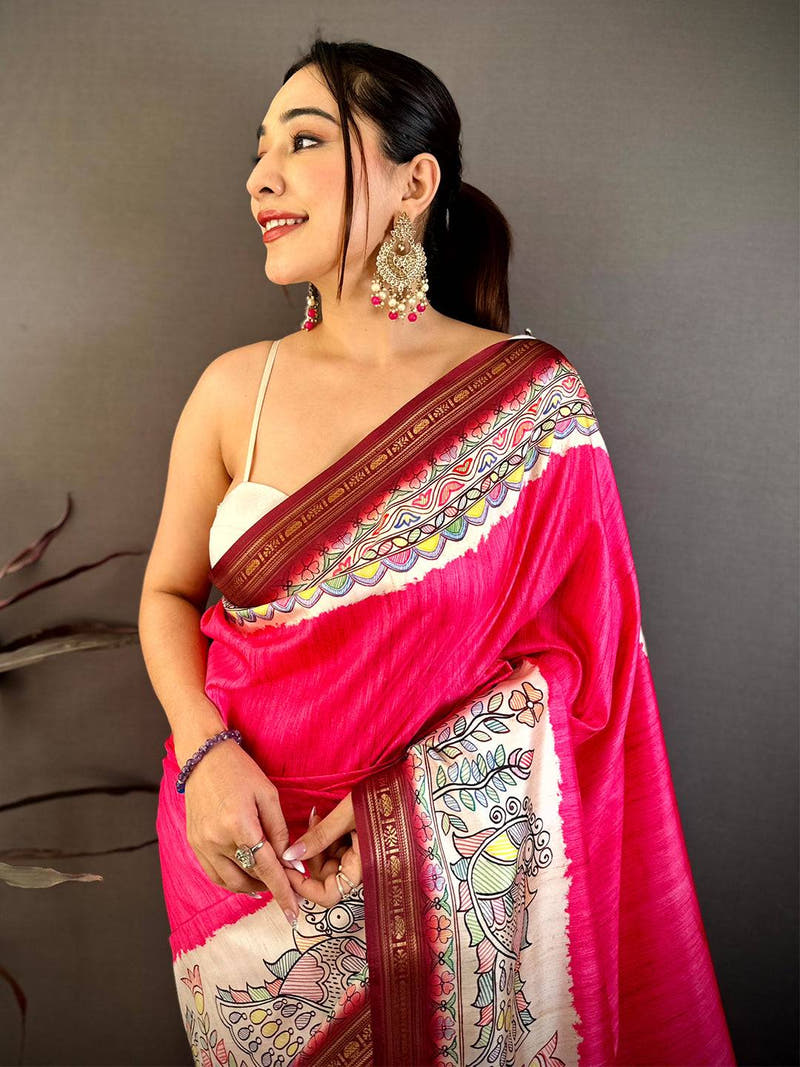 Royal Madhubani Print Soft Silk Saree