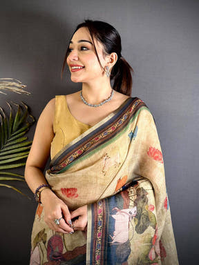 Beige Pichwai Kalamkari Linen Saree