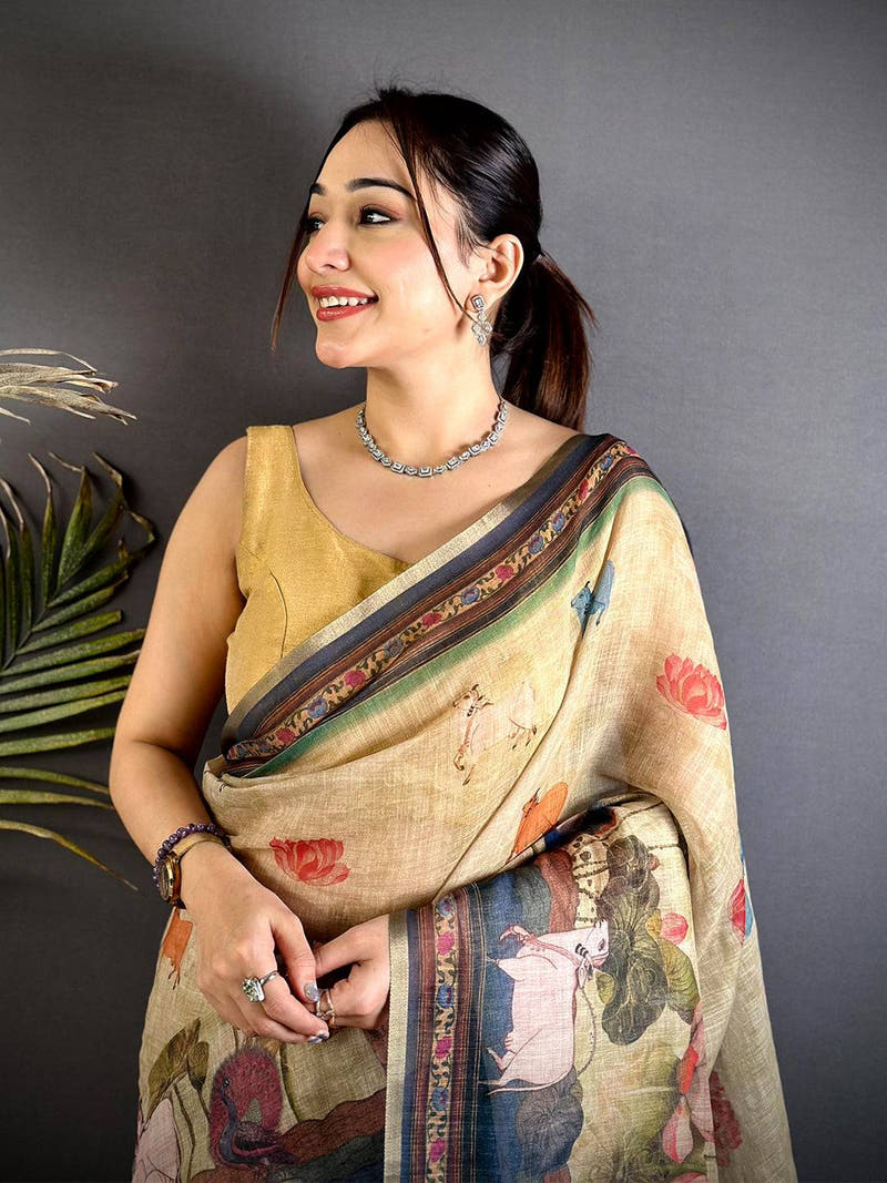 Beige Pichwai Kalamkari Linen Saree