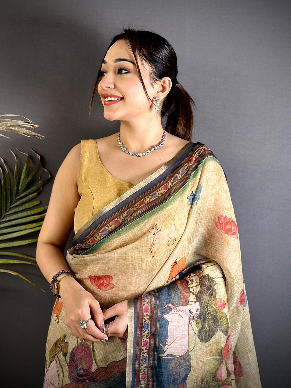 Beige Pichwai Kalamkari Linen Saree