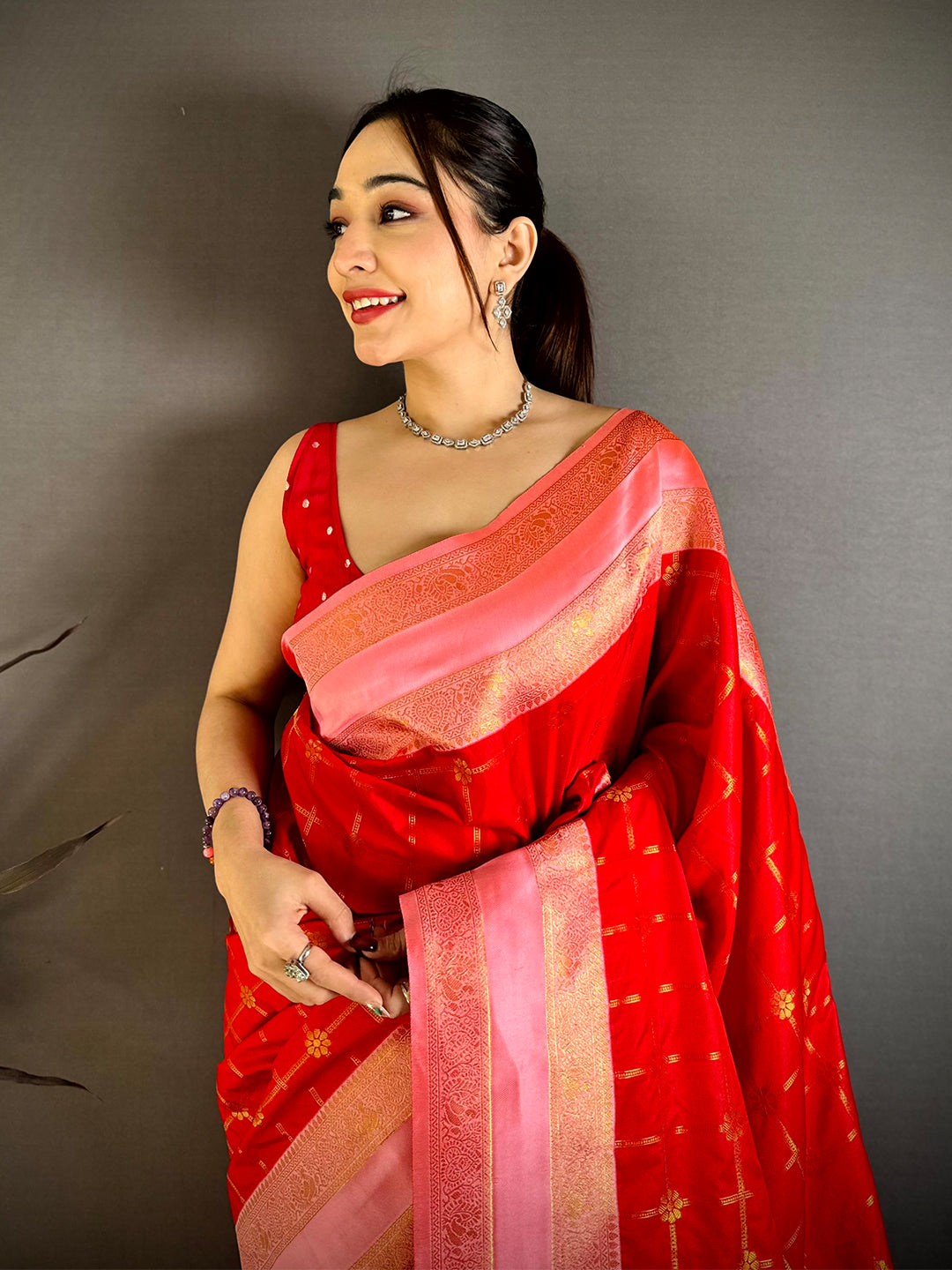 Red Check Weave Gadwal Saree


