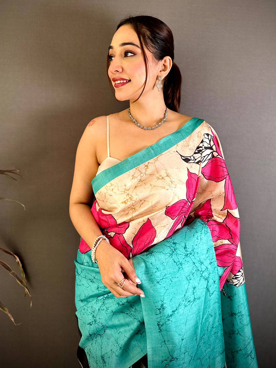 Opulent Tussar Floral Batik Print Saree