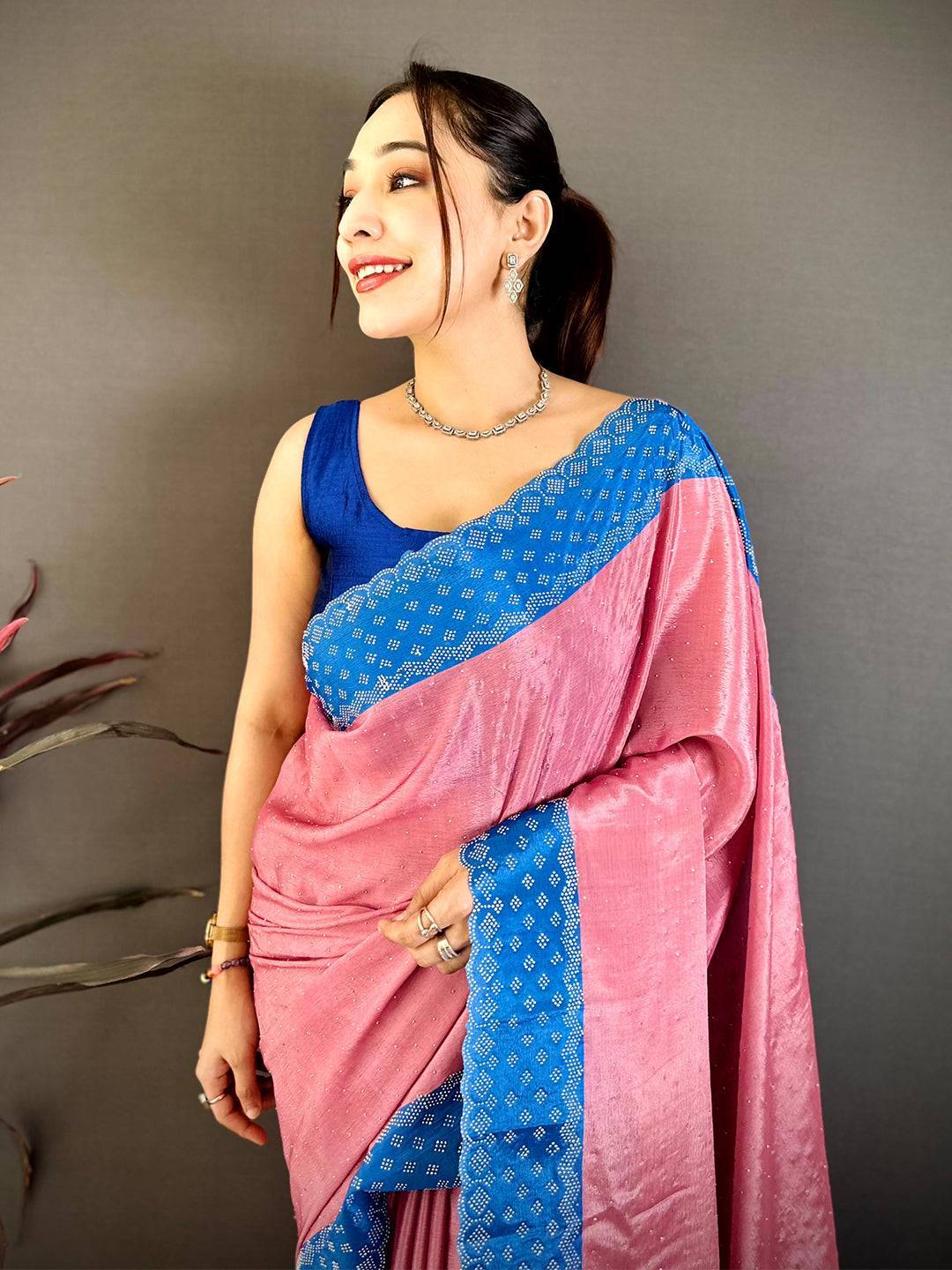 Gajri Poly Chiffon Diamond Stone Work Saree