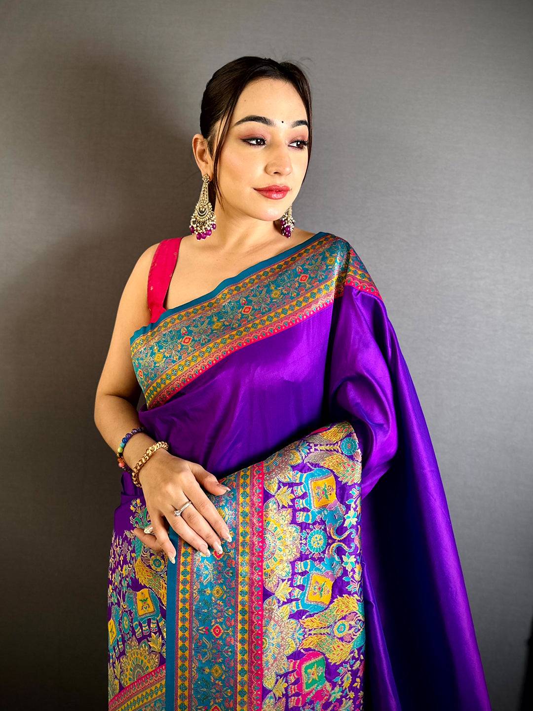 Purple Kashmiri Art Soft Silk Saree