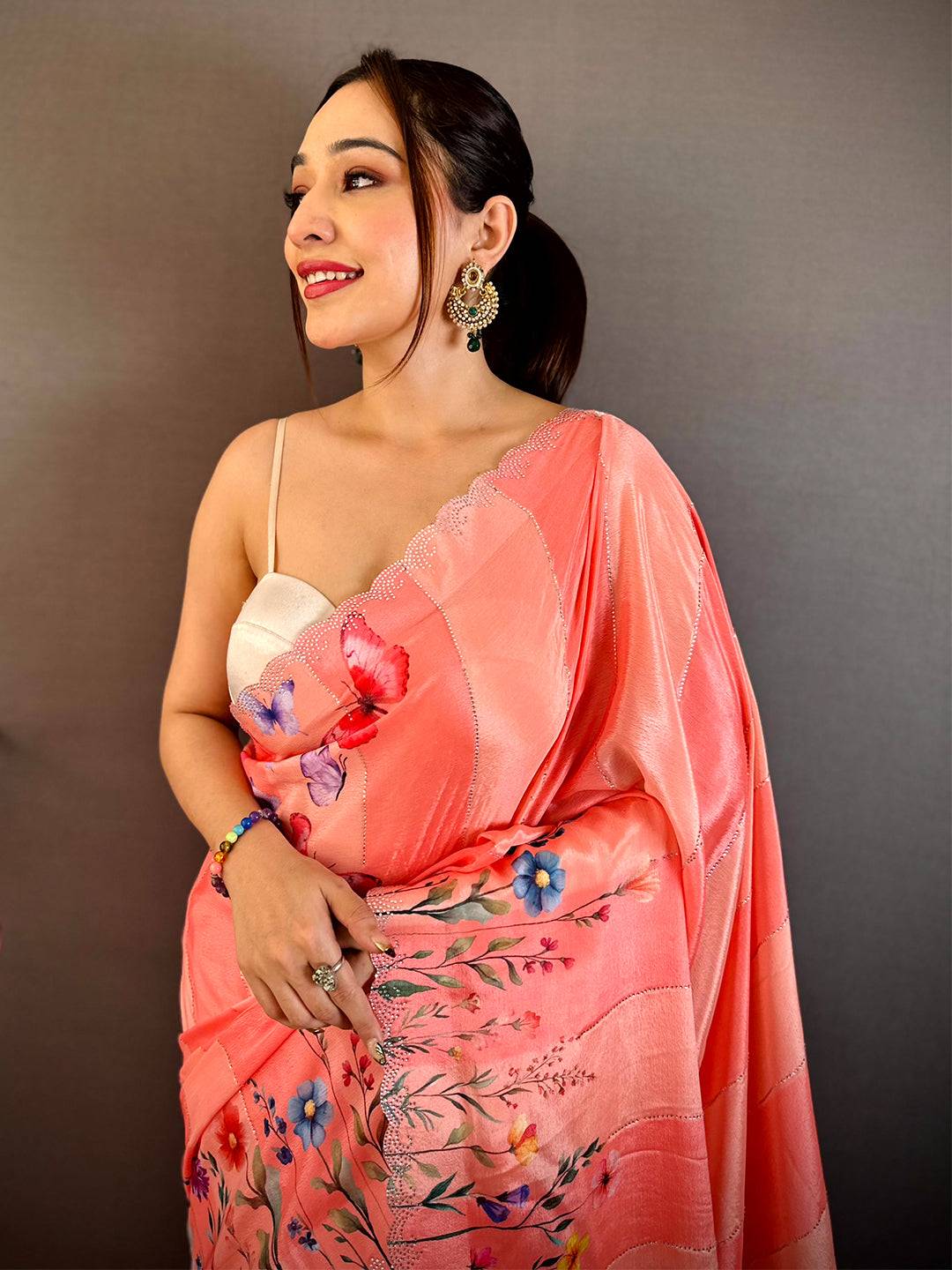 Butterfly Garden Stone Work Soft Chiffon Saree

