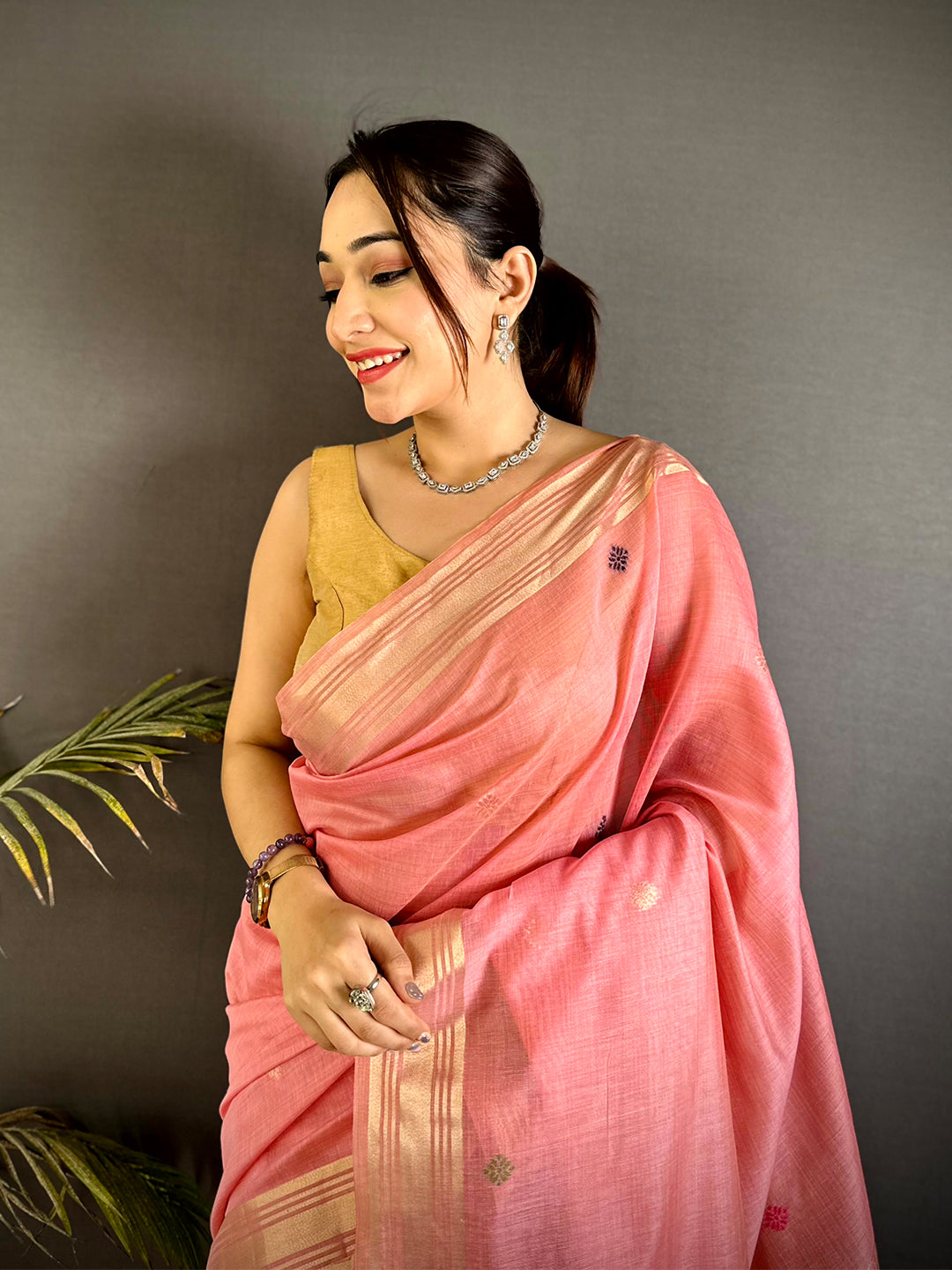 Peach Swan Minakari Linen Saree