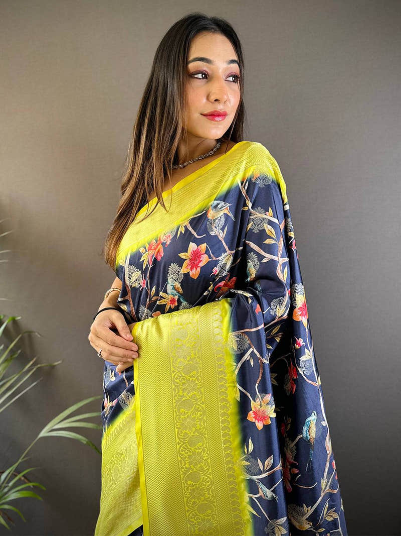 Navy Blue Floral Birds Print Saree