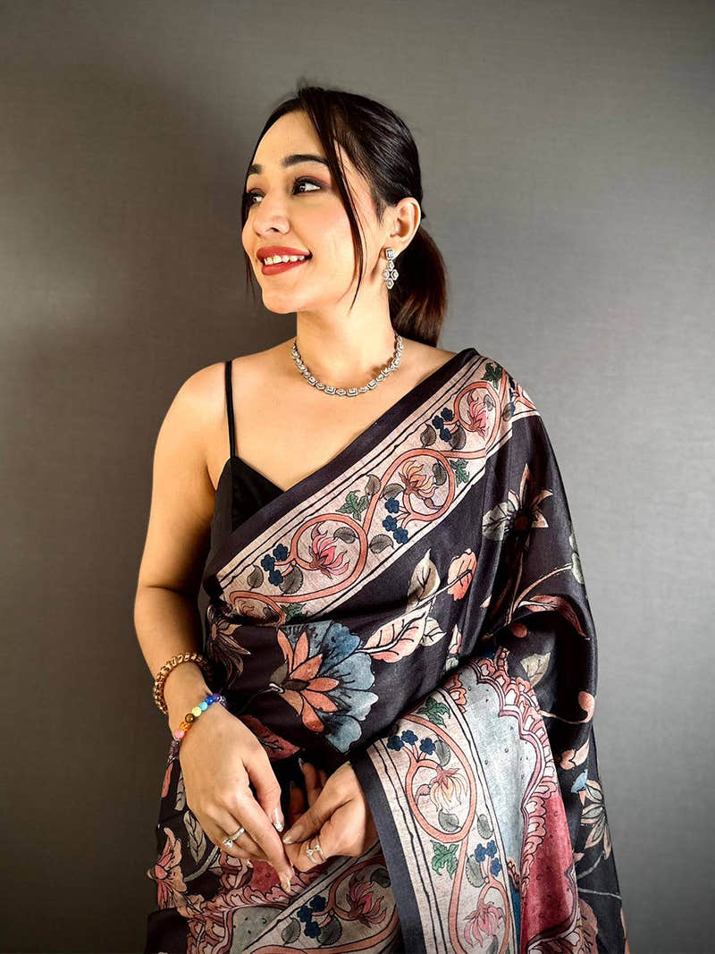 Stylish Dark Floral Soft Tussar Saree