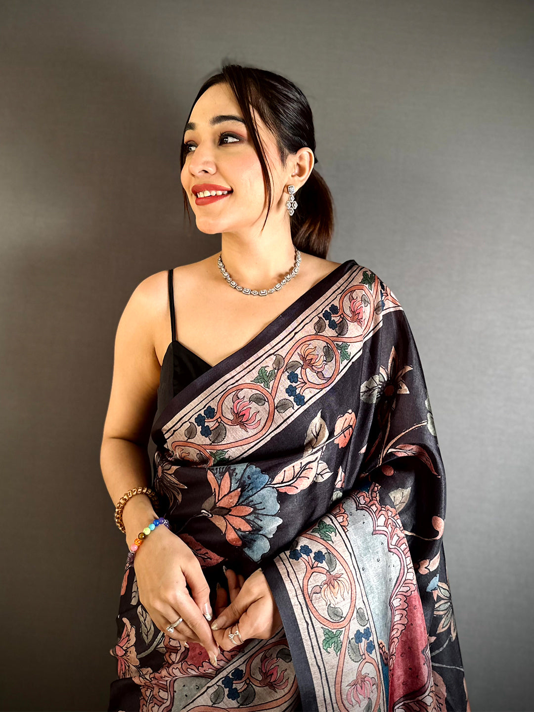 Stylish Dark Floral Soft Tussar Saree