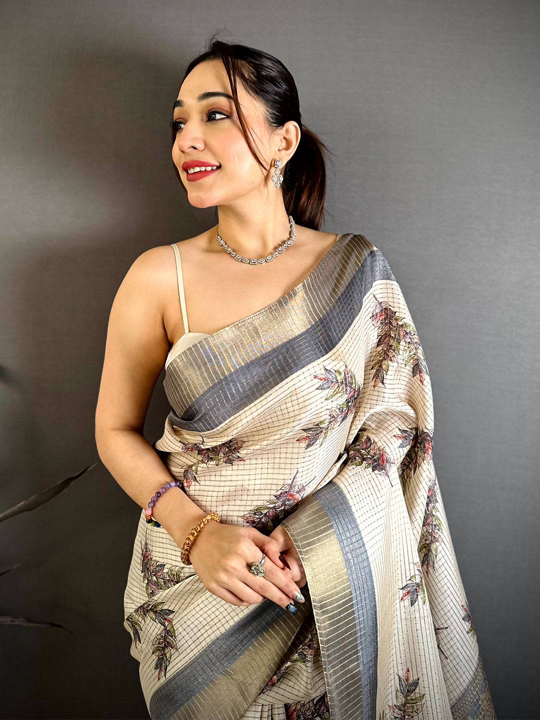 Grey Leaf Minakari Tussar Saree