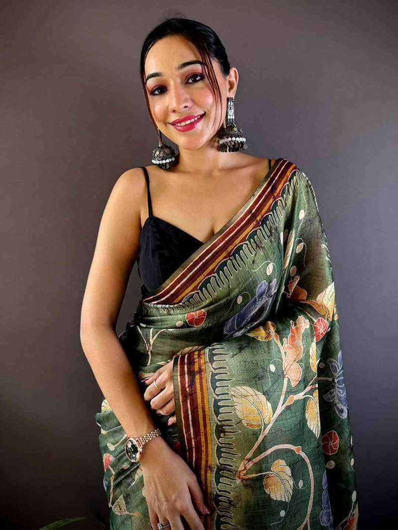 Dark Green Tissue Chanderi Kalamkari Saree
