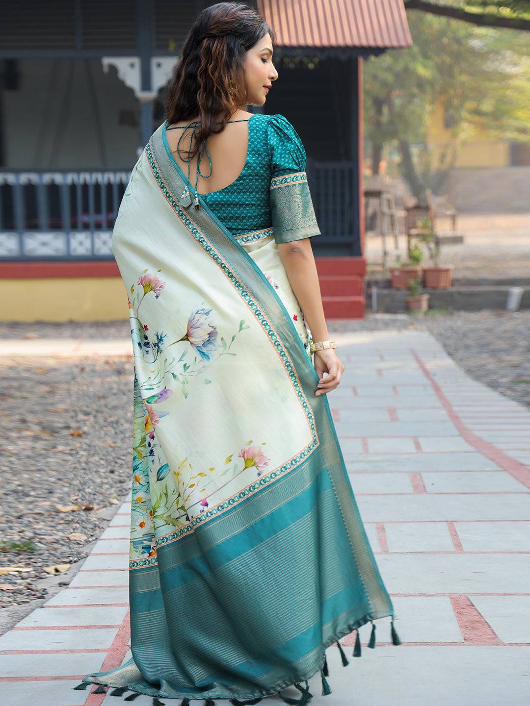 Light Green Colour Phulkari Design Zari Weaving Pallu Saree
