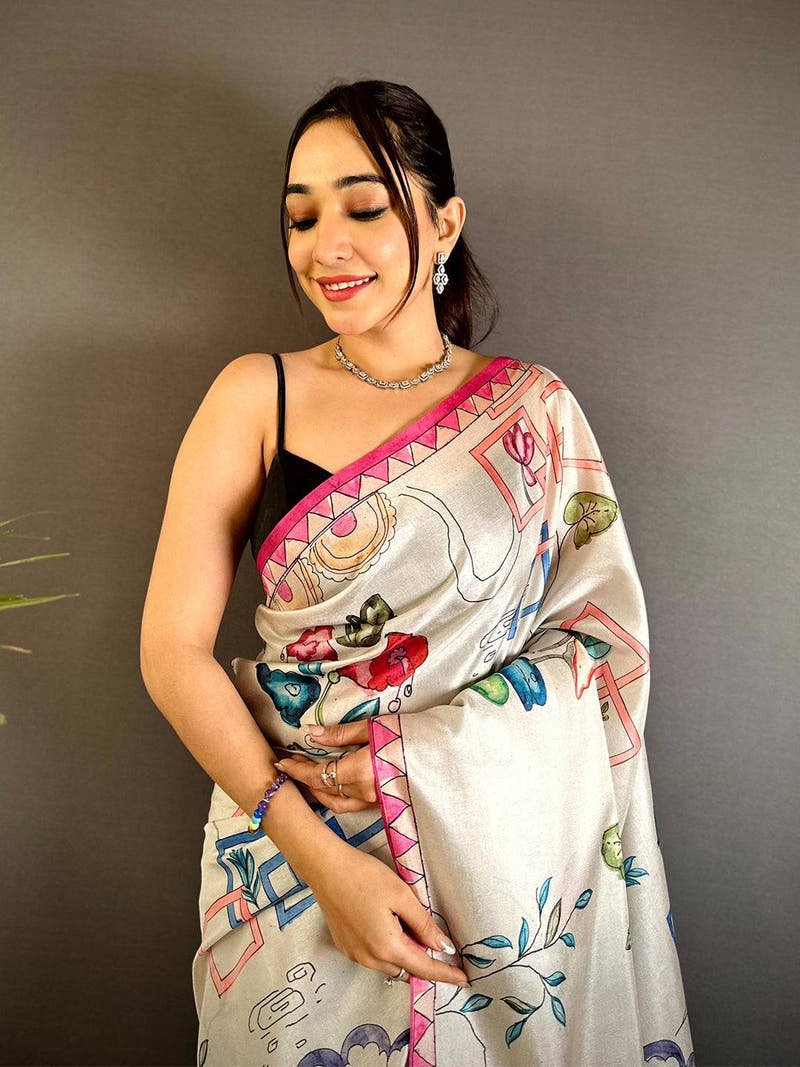 Off White Semi Tussar Striped Pallu Saree