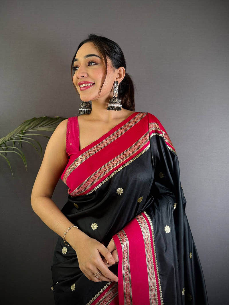 Raven Black Soft Silk Floral Butta Saree