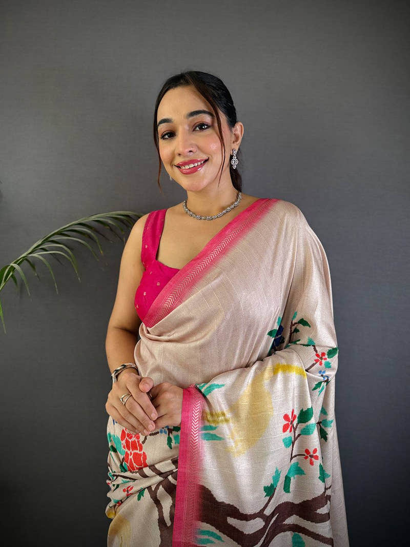 White Floral Ikat Tussar Ghicha Silk Saree