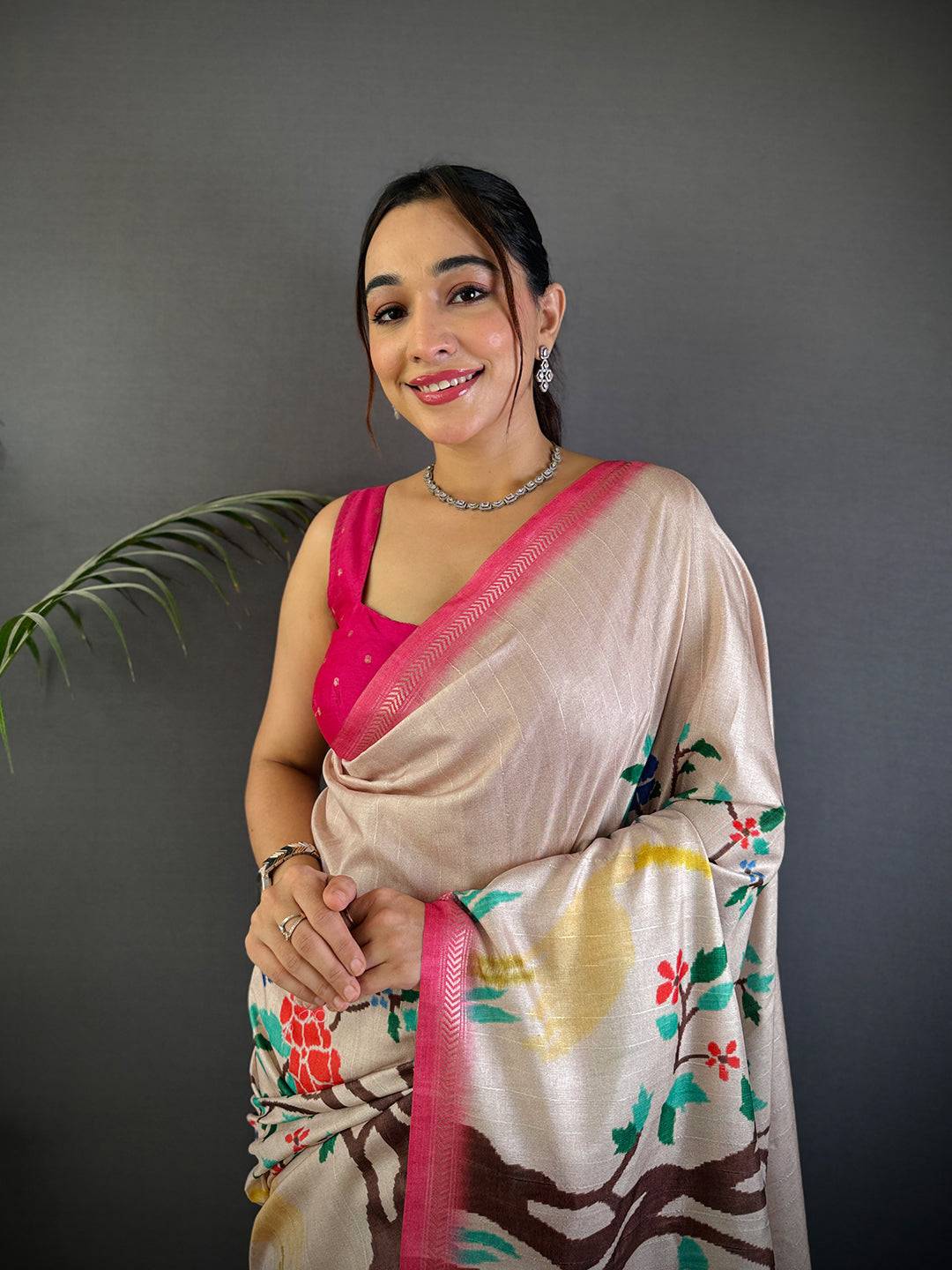 White Floral Ikat Tussar Ghicha Silk Saree

