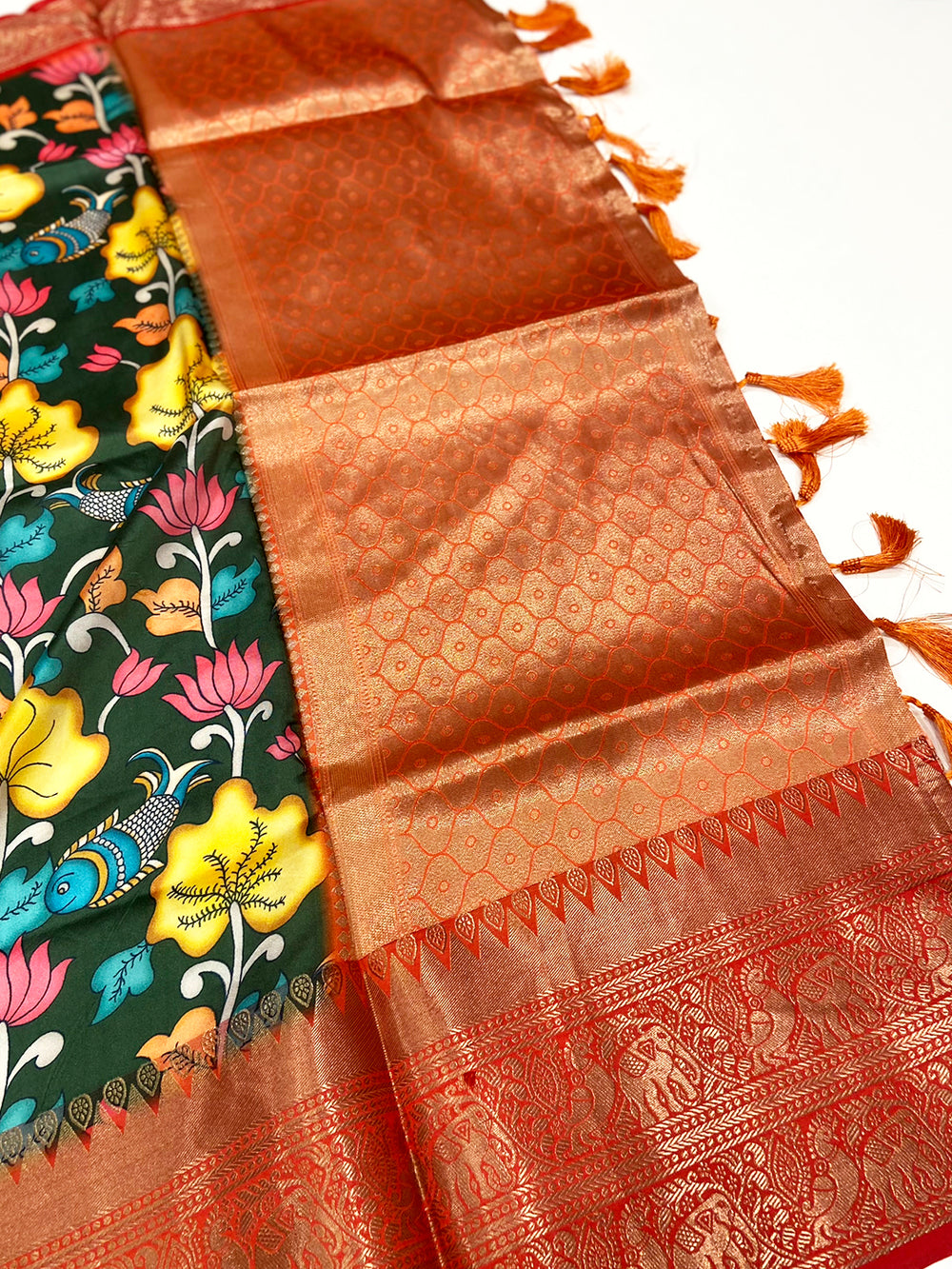 Bottle Green Floral Printed Banarasi Saree