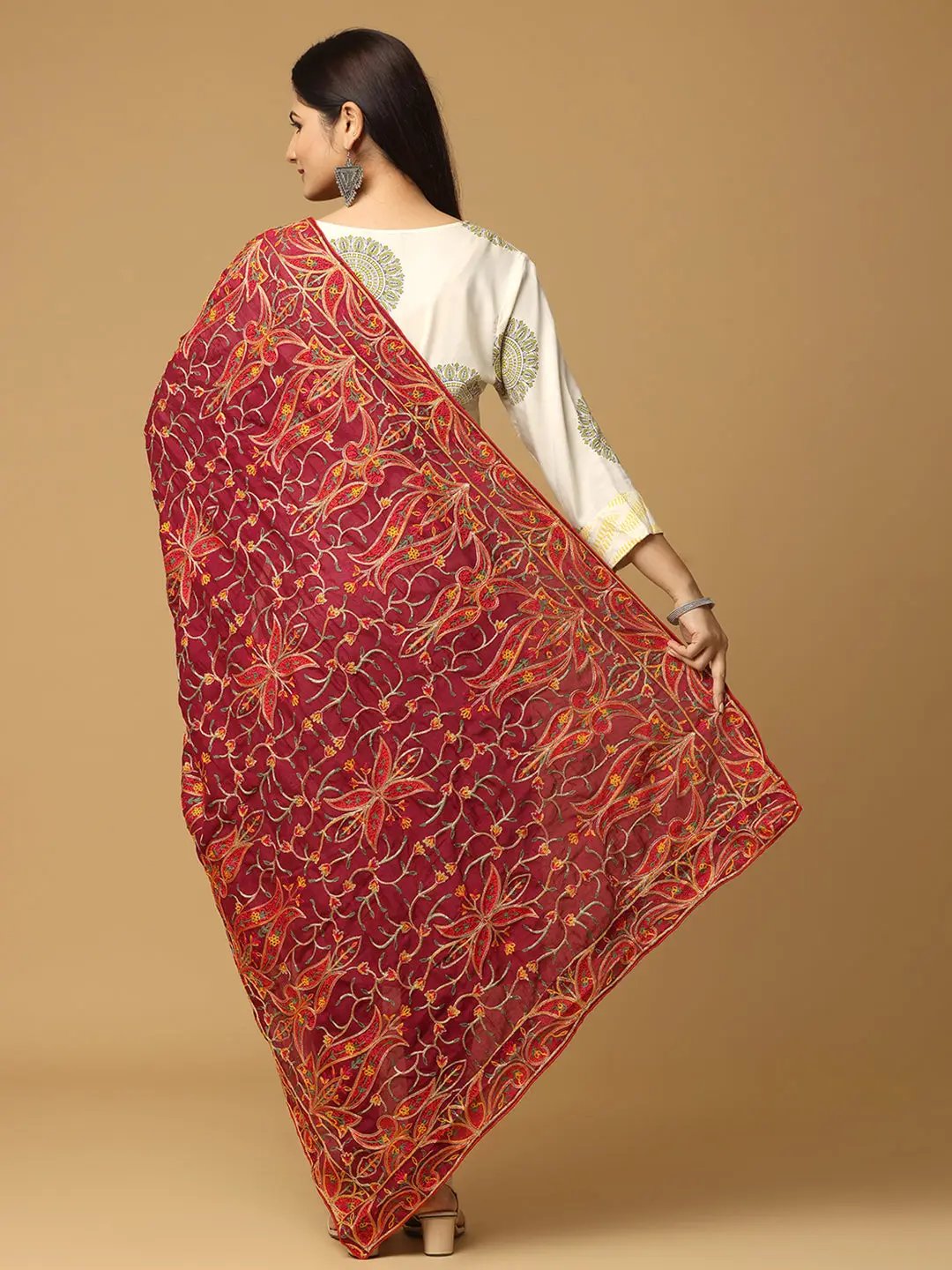 Back view of Wine Poly Chiffon Pashmina Dupatta