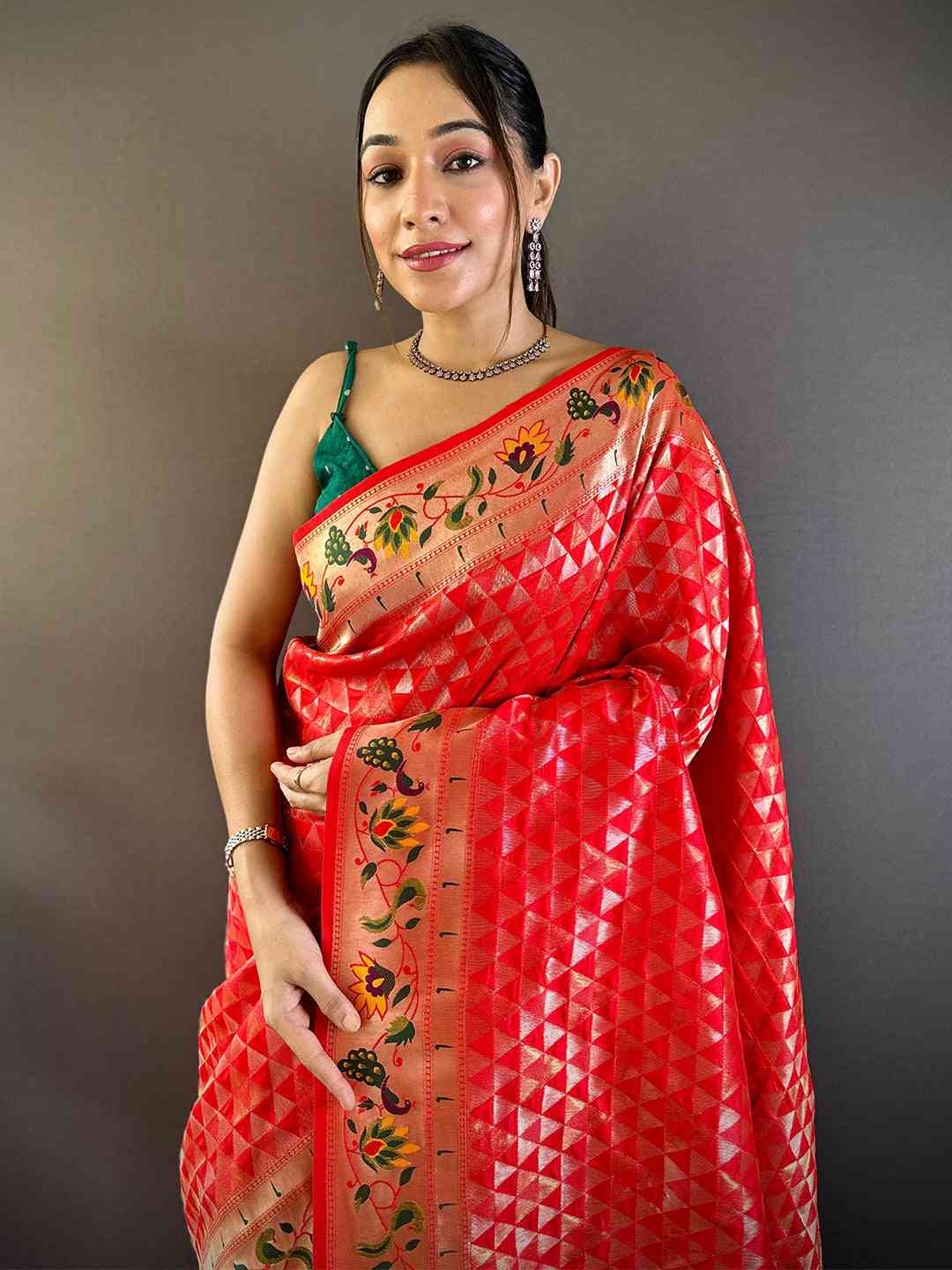 Red Silk Blend Woven Zari Work Paithani Saree

