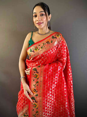 Red Silk Blend Woven Zari Work Paithani Saree

