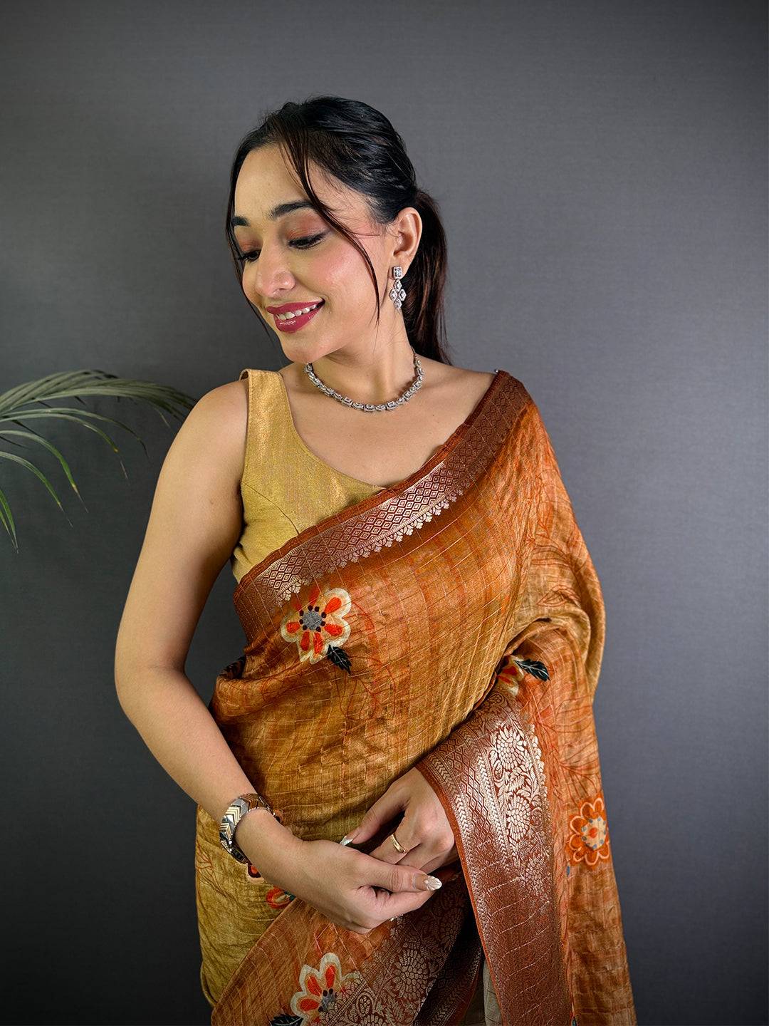 Orange Floral Printed Viscose Saree