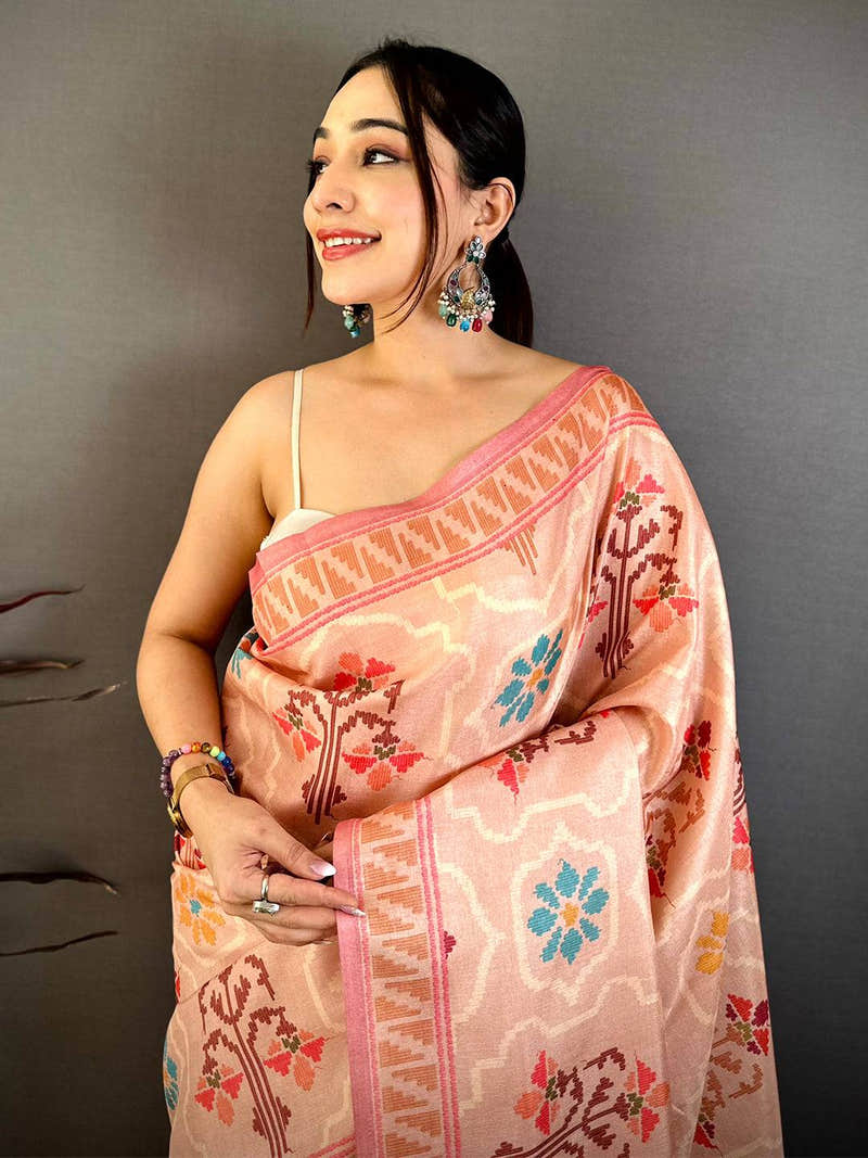 Peach Tussar Floral Digital Art Saree