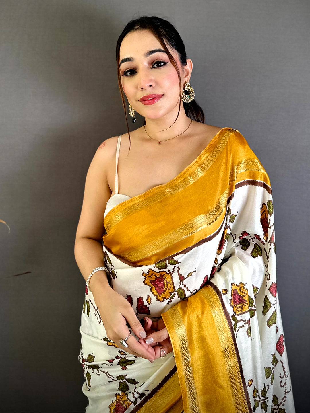 Mustard Soft Dola Floral Print Gadwal Border Saree