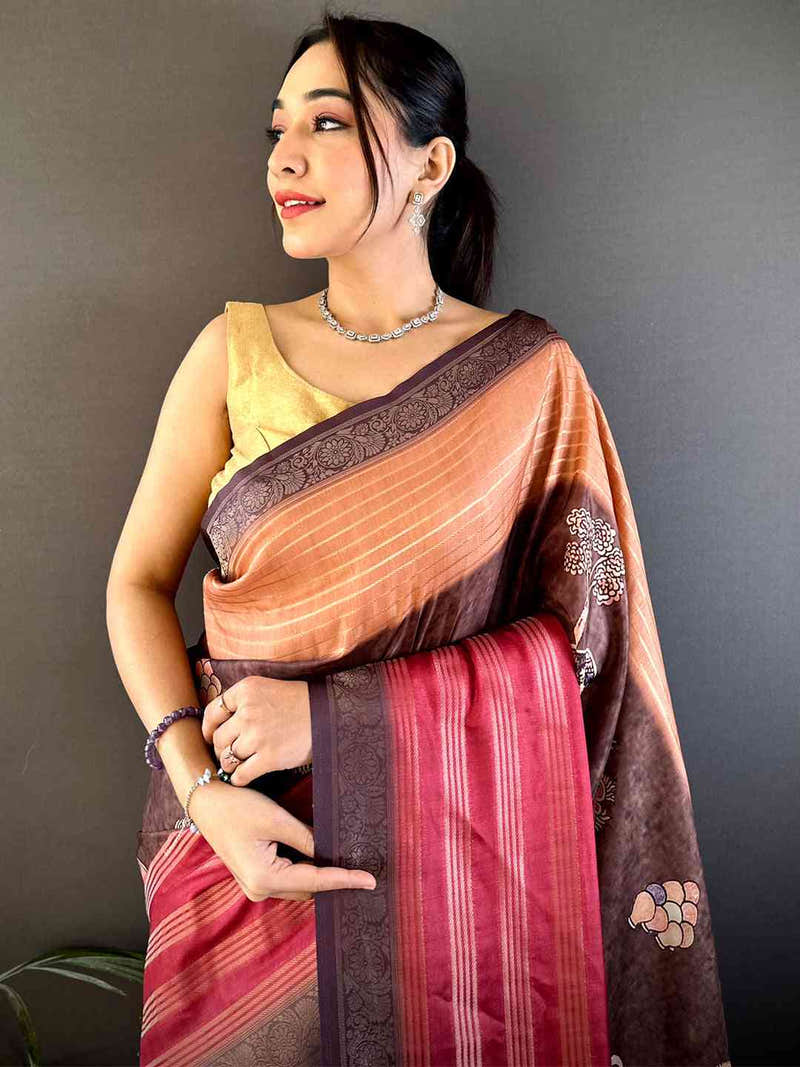 Brown Soft Crepe Silk Ombre Print Saree
