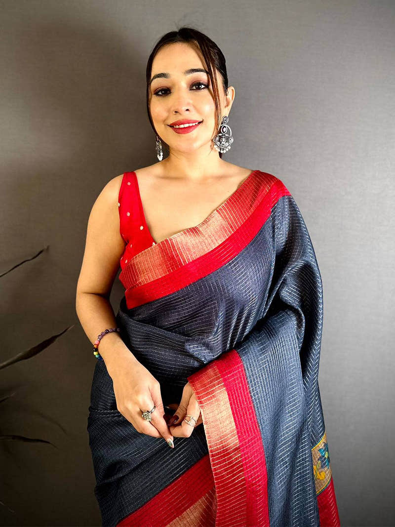 Navy Tussar Zari Chex Kalamkari Saree