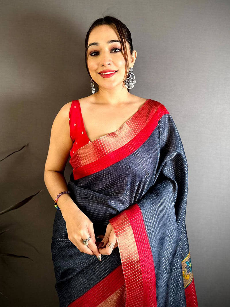 Navy Tussar Zari Chex Kalamkari Saree