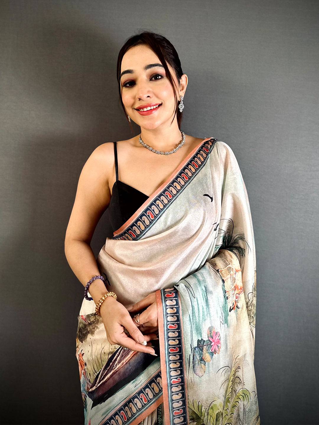 Stylish Free-Hand Semi Tussar Saree